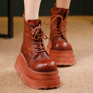 小个子女靴厚底高防水台马丁靴女款2025新款短靴水洗牛皮系带靴子