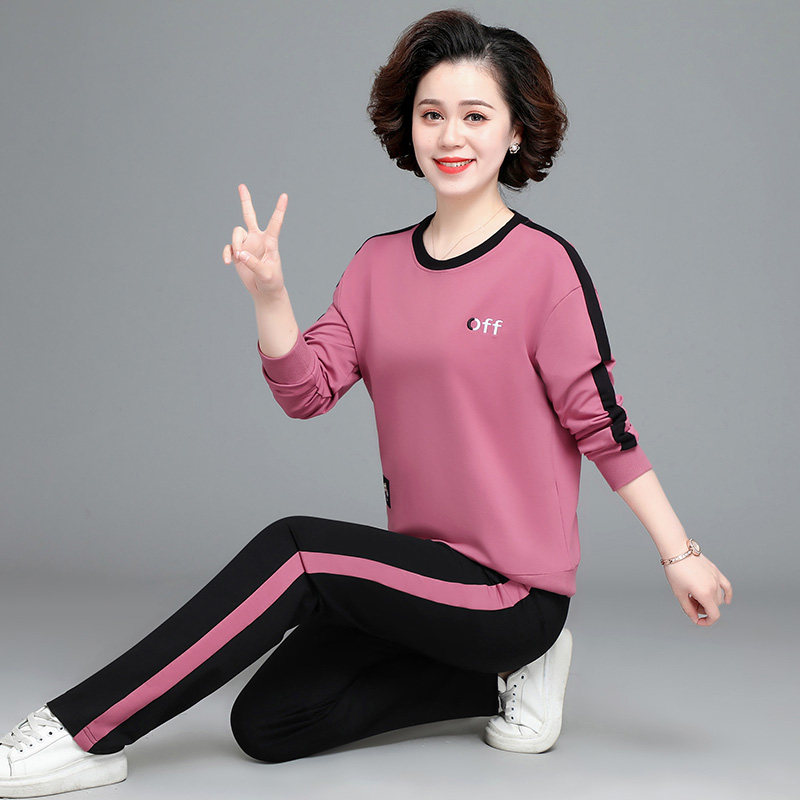 两件套薄款新款中年运动服套头卫衣套装女大码纯棉年轻时尚妈妈装