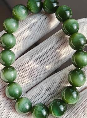 老店强烈推荐和田碧玉黑猫眼圆珠手串冰底起荧光细腻起胶稀有大气