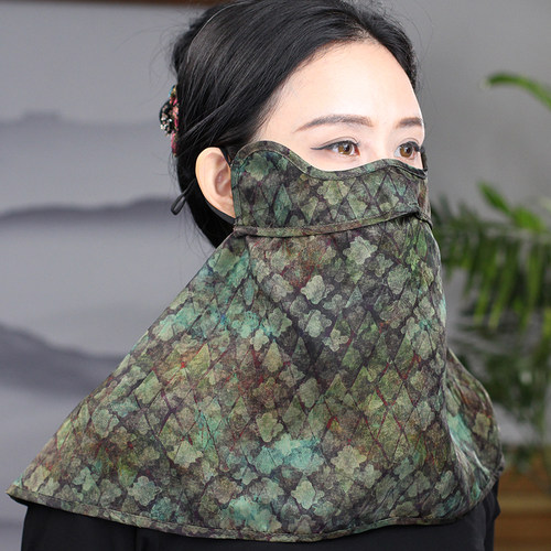 香云纱新中式护眼角有透气孔口罩护颈防晒面纱防风防尘桑蚕丝脸罩