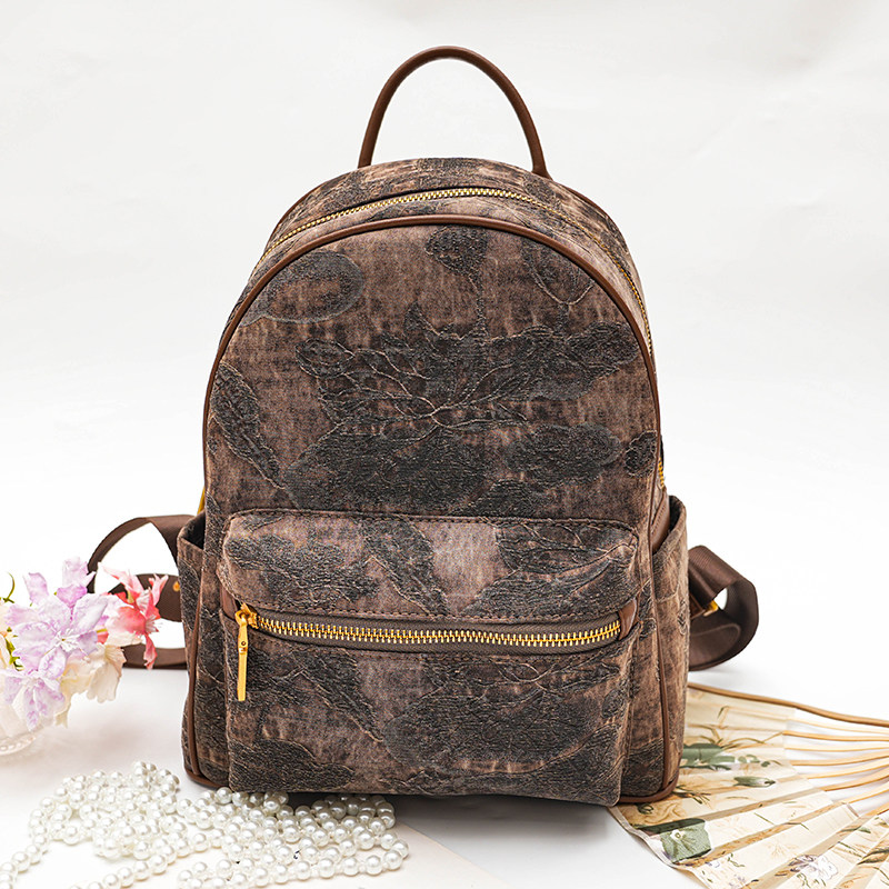 双肩包【油丝荷花】香云纱锦油稠牛皮真丝桑蚕丝时尚休闲女士洋气