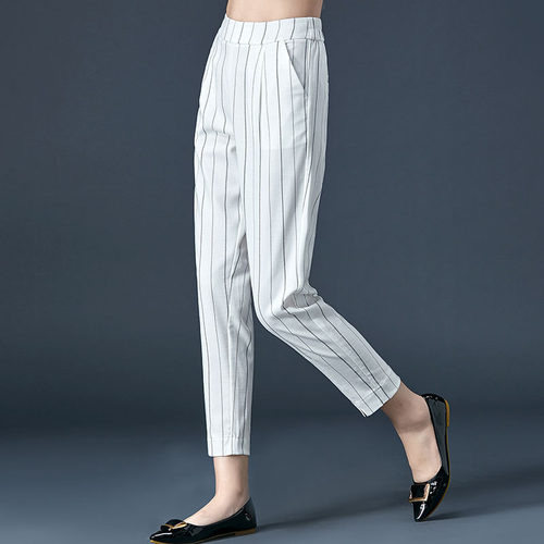 亚麻宽松条纹宽松休闲哈伦九分裤