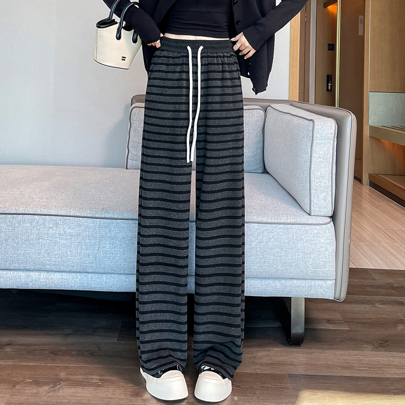 条纹加绒阔腿裤女秋冬新款针织裤