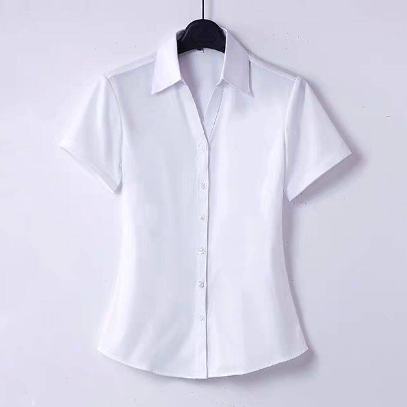 V领显瘦大码衬衫女职业上班白领气质白色短袖衬衣工装2025夏酒店
