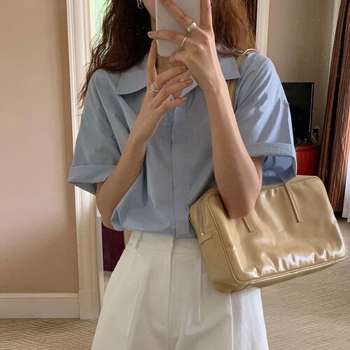 2025夏季新款短袖蓝色衬衫女夏宽松韩版职业工装衬衣休闲百搭上衣