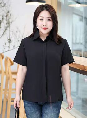 特大码薄款黑色衬衫女短袖夏宽松胖mm200斤职业工作服长袖白衬衣