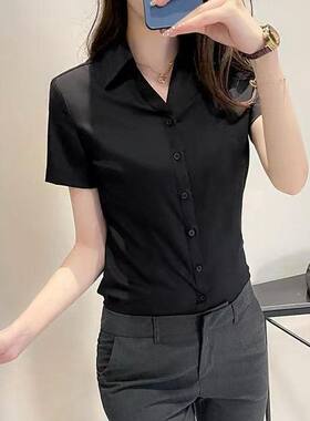 短袖衬衫女新款职业V领黑色酒店寸衫气质工作服正装韩版学生衬衣