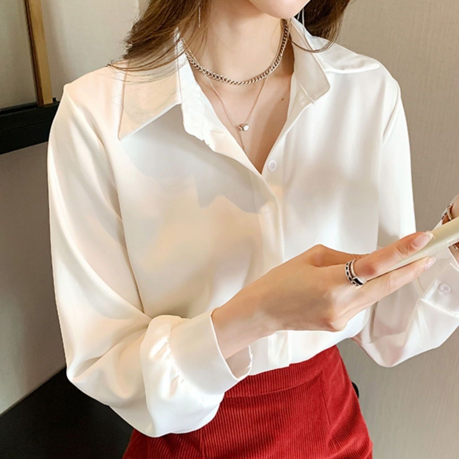 白色雪纺衬衫2024新款韩版修身长袖百搭上衣职业工作女士服打底衫
