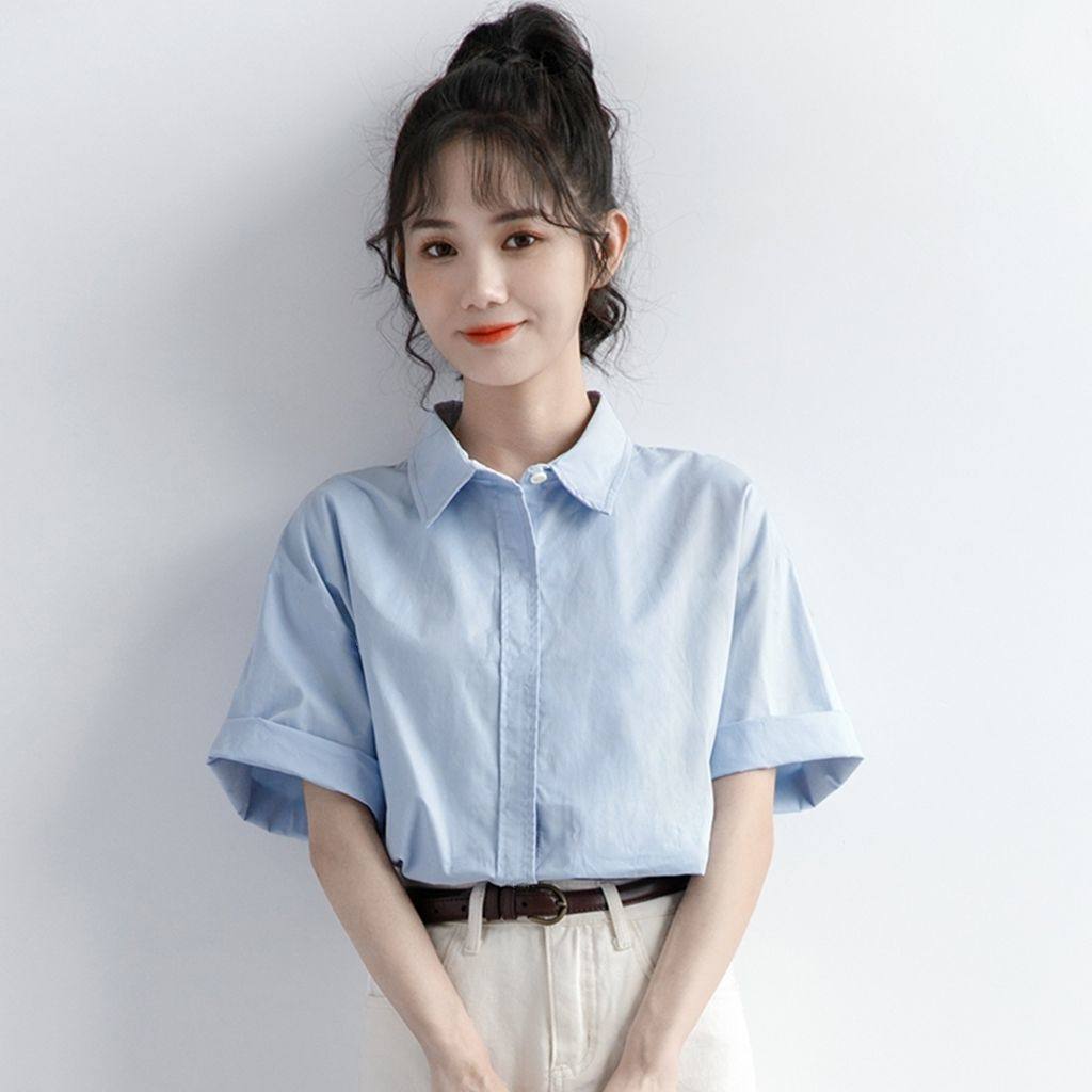 2024夏季新款短袖蓝色衬衫女夏宽松韩版方领工装衬衣休闲百搭上衣