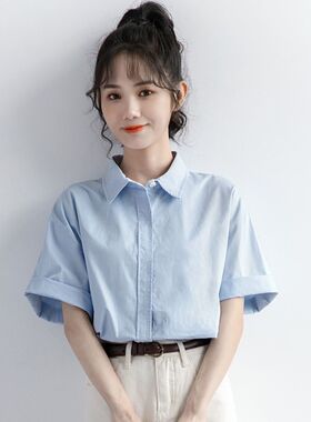 2024夏季新款短袖蓝色衬衫女夏宽松韩版方领工装衬衣休闲百搭上衣