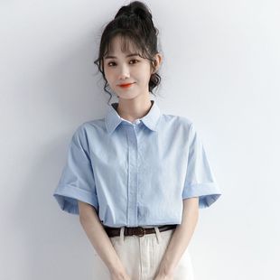 新款 蓝色衬衫 2024夏季 短袖 衬衣休闲百搭上衣 女夏宽松韩版 方领工装