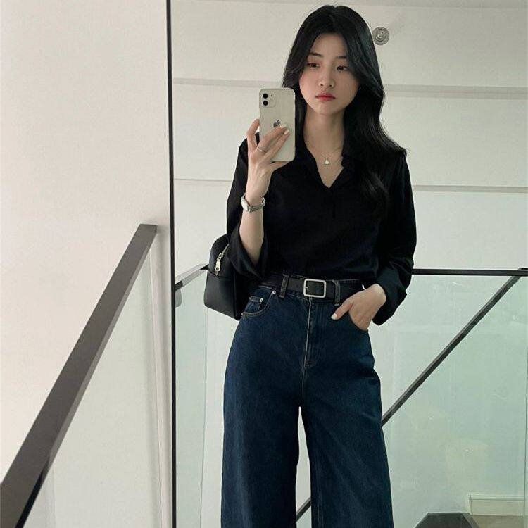 黑色衬衫女长袖春秋款设计感小个子休闲上衣宽松垂感衬衣女打底衫