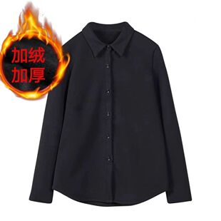 加绒黑色衬衫女长袖保暖加厚打底工作服秋冬季新款正装带绒职业寸