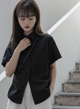 夏季黑色jk短袖衬衫女2024复古学院风百搭宽松小众设计感港风衬衣