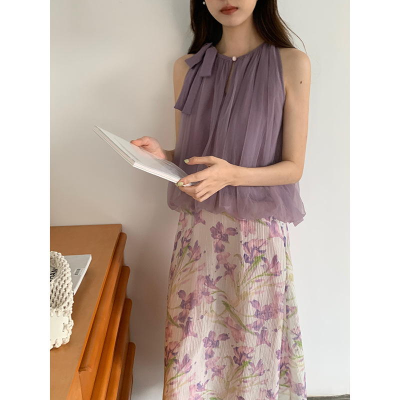 【紫梦鸢尾】法式复古网纱挂脖上衣+A字碎花半身裙两件套装Y1542F