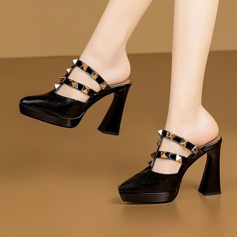 小个子软皮高跟包头半拖鞋女外穿新款铆钉粗跟防水台凉拖鞋不累脚