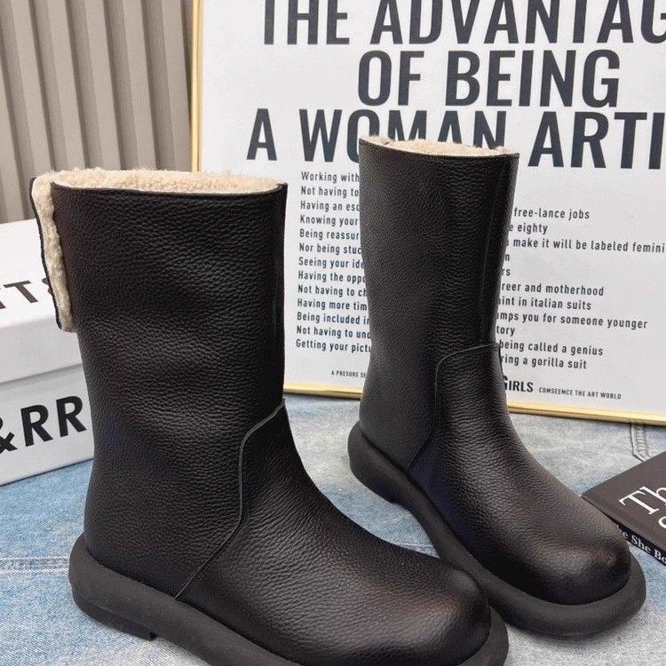 软底鞋软皮平底雪地靴女冬加绒保暖中筒靴子2025新款皮面防水棉鞋