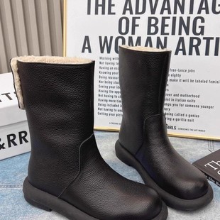 软底鞋软皮平底雪地靴女冬加绒保暖中筒靴子2025新款皮面防水棉鞋