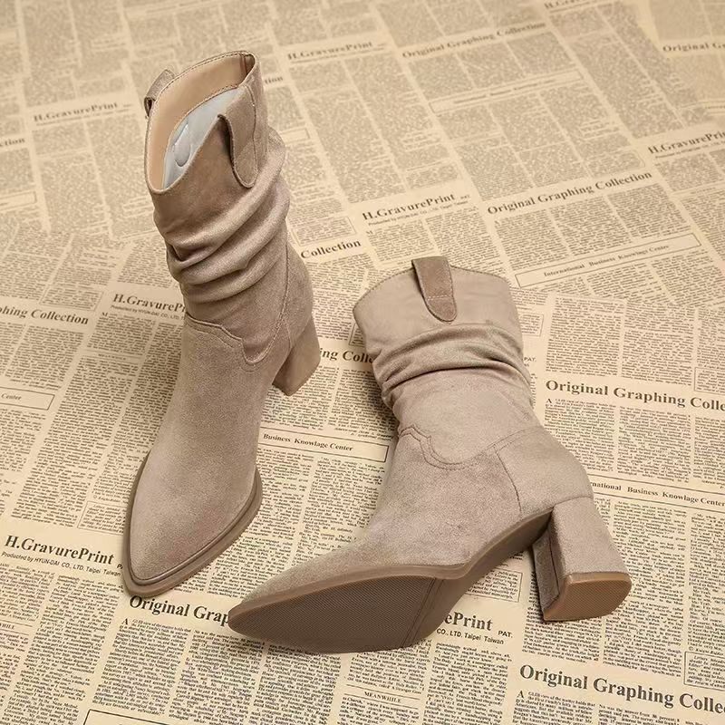 巨好看美拉德尖头秋天中筒靴子女2025秋冬款粗跟时尚高跟短靴