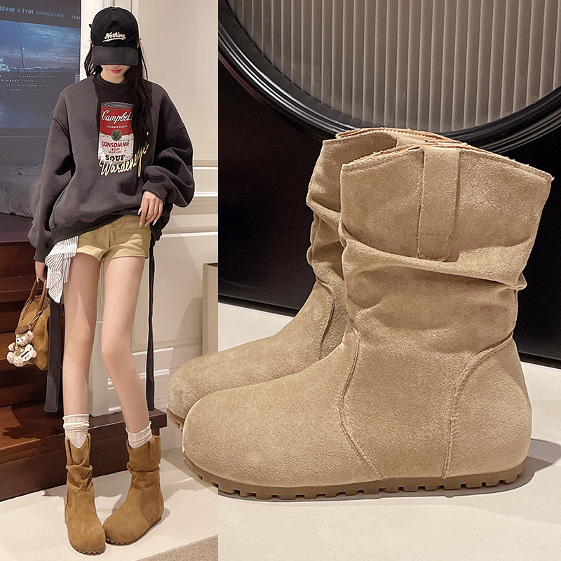 复古风麂皮堆堆靴女平底短靴秋冬配裙子西部靴,女鞋,时装靴,淘宝优惠券,粉丝福利购,淘宝优惠卷
