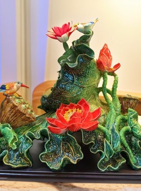 陶瓷花鸟摆件客厅办公室书房玄关新中式莲花摆设家居装饰饰品