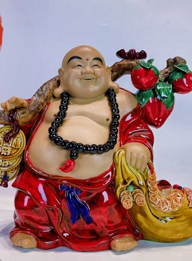 福禄寿禧笑佛石湾公仔笑佛担金佛担桃佛弥勒佛陶瓷摆件长43高40
