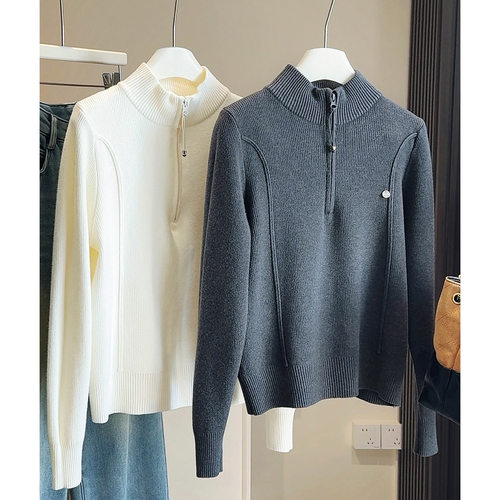 设计感半拉链一体绒加厚半高领针织毛衣女秋冬季保暖内搭打底上衣