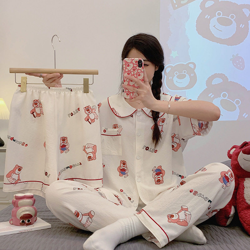 甜美草莓熊睡衣女夏季新款三件套日系ins开衫短袖家居服套装批发