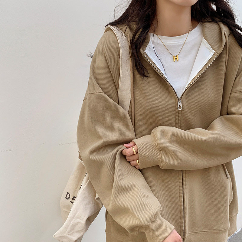 加绒连帽卫衣女厚外套秋冬季美式oversize复古卡其色保暖拉链开衫