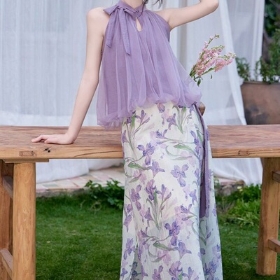 新中式国风套装温柔风清纯甜美挂脖削肩网纱上衣配半裙紫色两件套