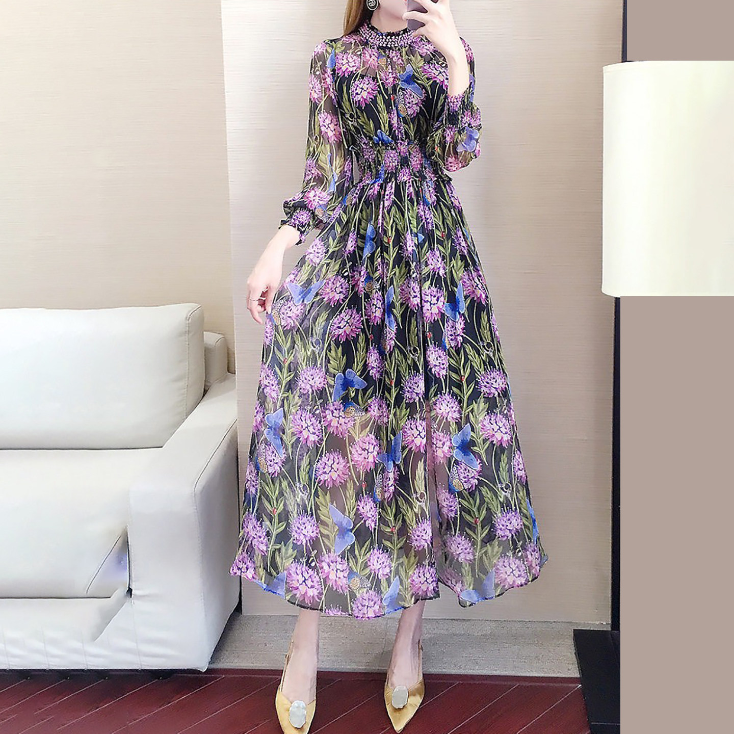 2026新款春女装雪纺连衣裙紫色碎花气质荷叶边女装两件套时尚潮流