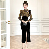 2025秋冬新款 法式 亮片丝绒收腰显瘦包臀连衣裙晚宴长裙礼服裙高雅