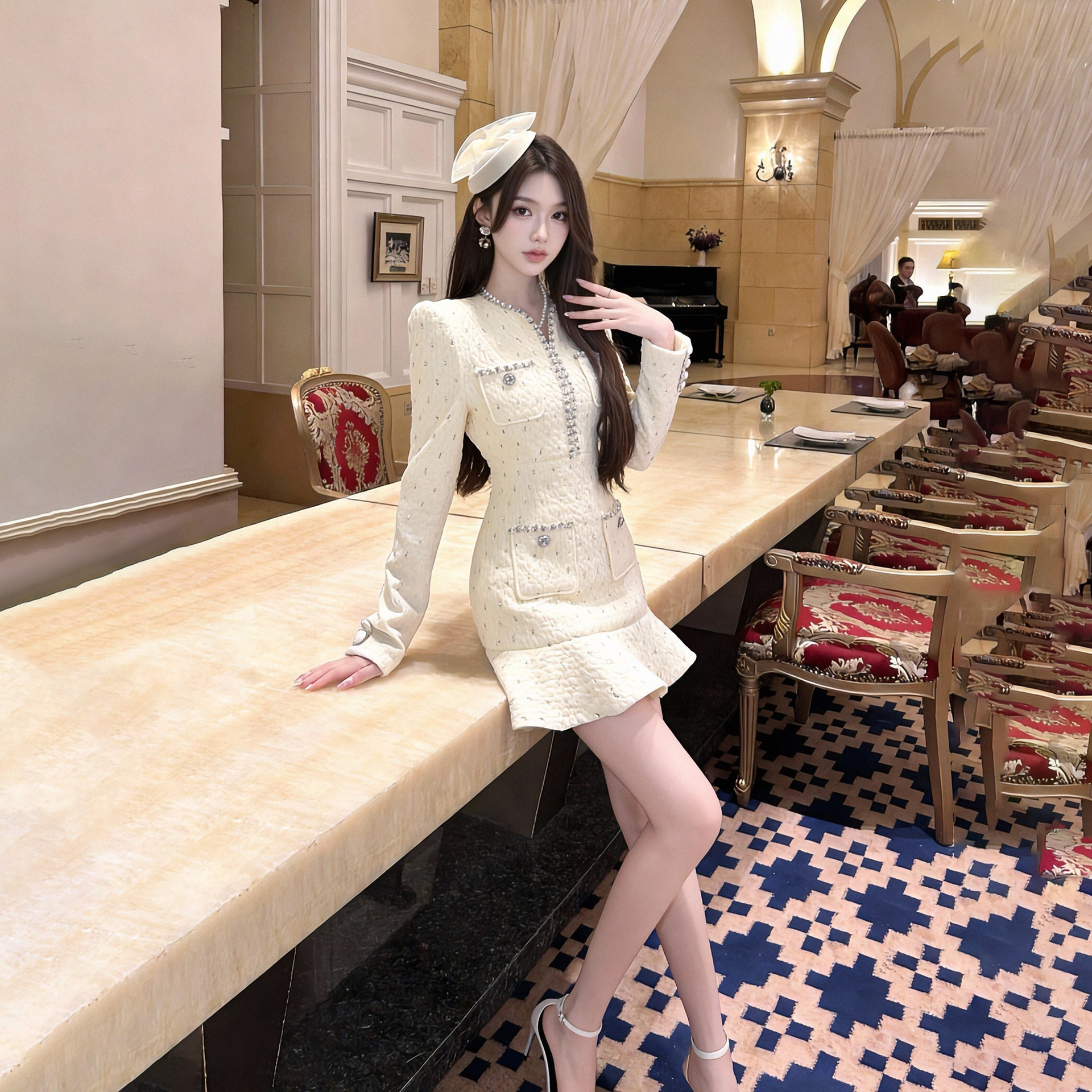 2026春季新款重工镶钻miu系列千金风高雅修身包臀鱼尾连衣裙女裙