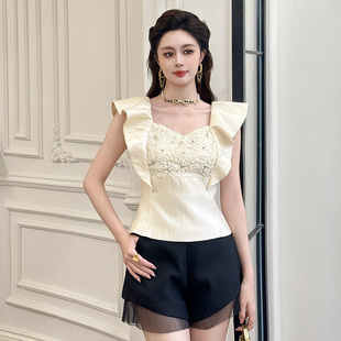 2025夏季新款亮片名媛千金风精致短袖上衣修身显瘦方领小衫衬衣女