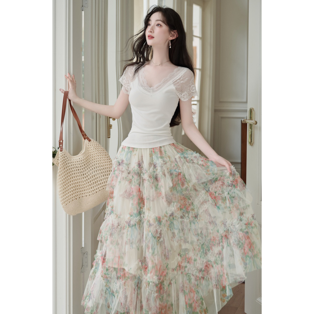 2026新款夏季印花网纱长裙蛋糕裙套装上衣时尚多巴胺针织半身裙女