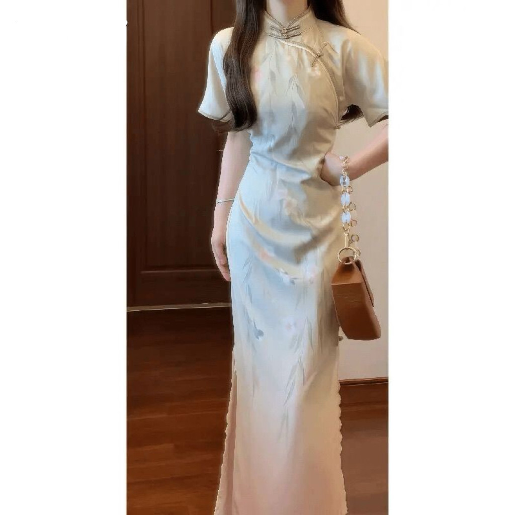 2026新款法式立领东方韵味旗袍连衣裙全开襟气质国风收腰盘口长裙