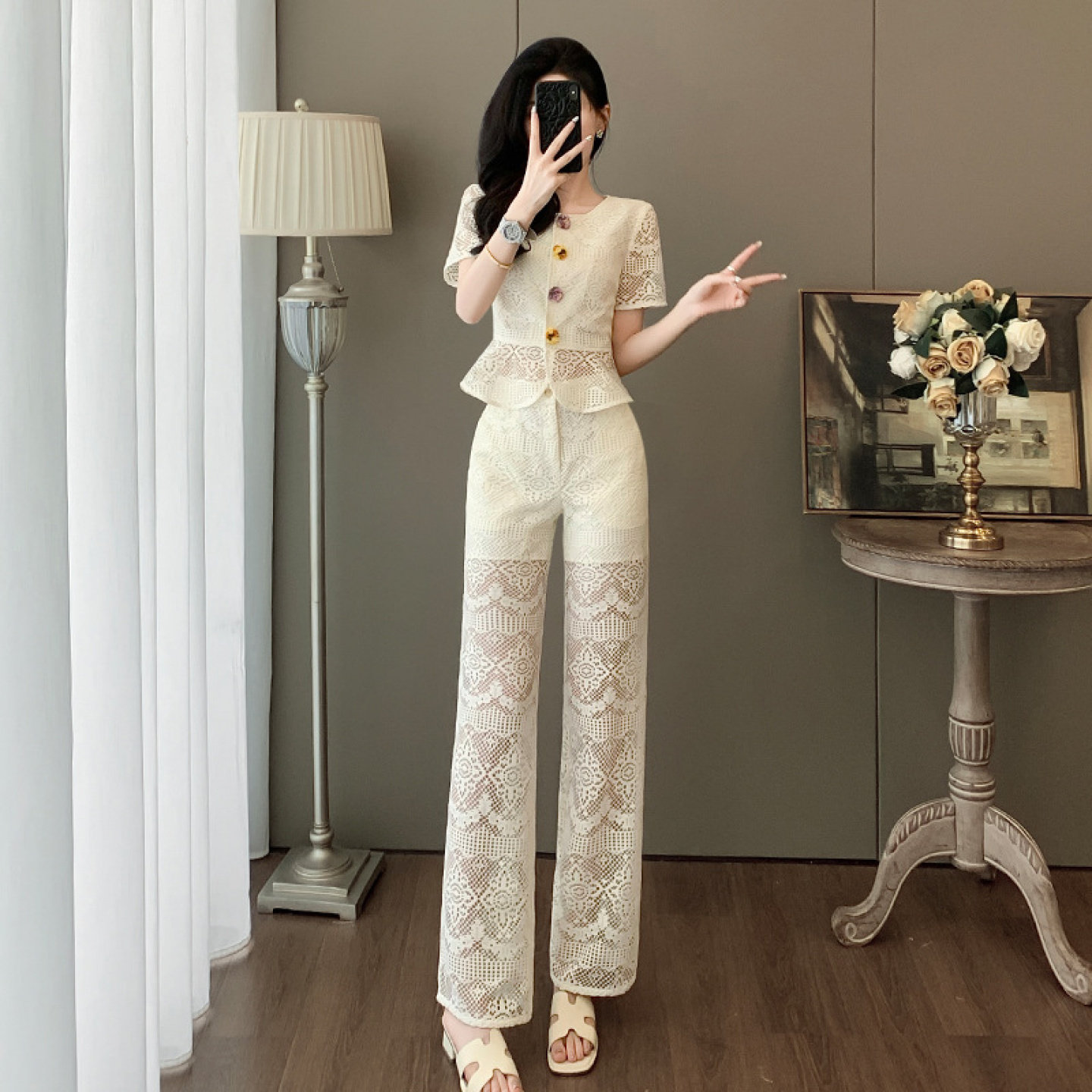御姐风碎花阔腿裤两件套夏