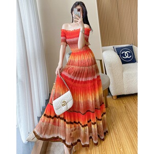 2026新款网红仙女连衣裙夏装轻柔纱网性感一字领度假出游仙气长裙