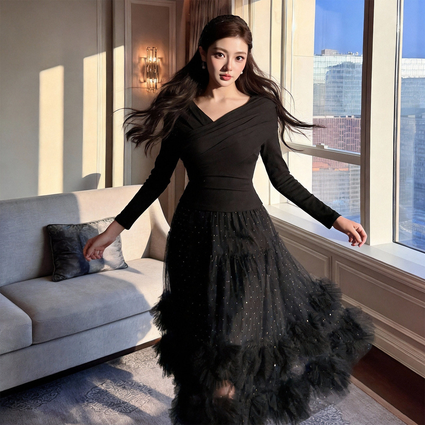 2026新款法式V领蓬蓬网纱连衣裙女装春季遮肚收腰波点甜美蓬蓬裙