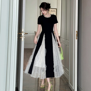 小众设计感轻奢气质短袖 夏季 长裙网纱拼接赫本风撞色名媛连衣裙女