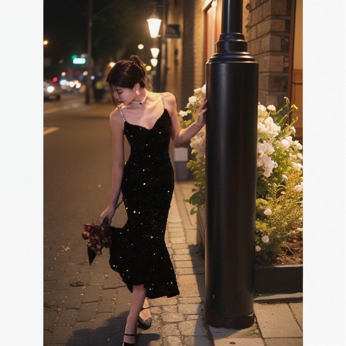 法式修身吊带包臀晚礼服裙秋季丝绒气质名媛黑色亮片鱼尾连衣裙女