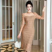 法式 气质网纱拼接时尚 女装 2026秋冬新款 修身 高雅连衣裙设计感褶皱