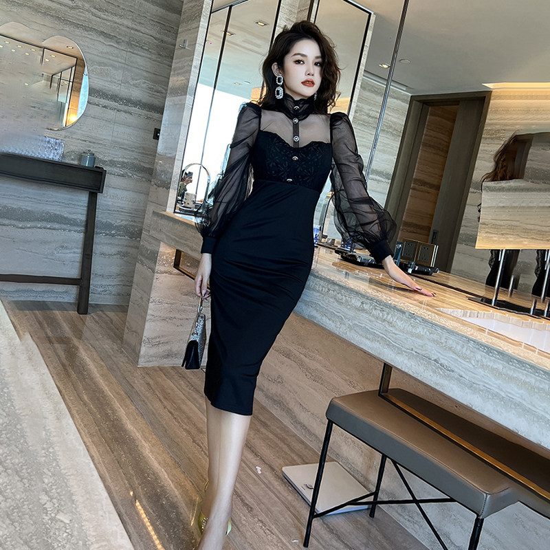 网纱高领泡泡袖修身连衣裙女