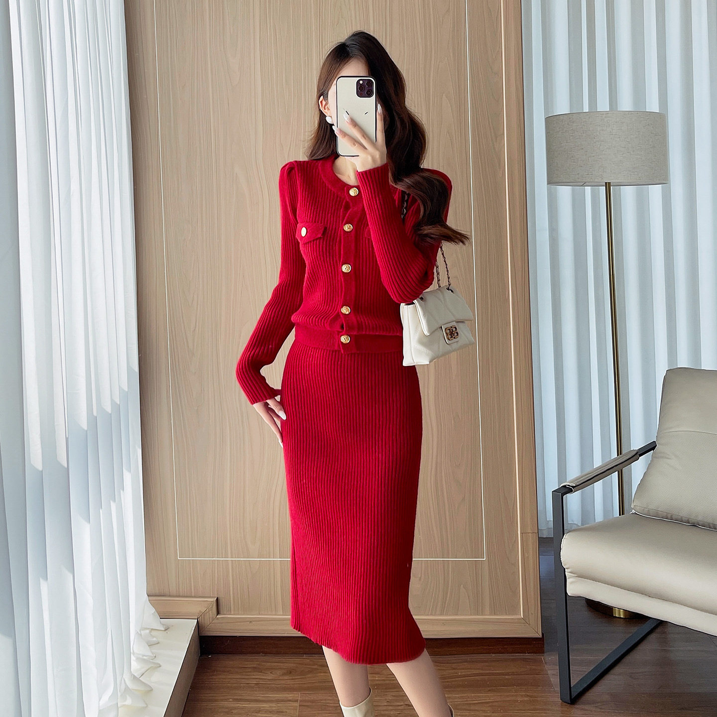 2026新款时尚红色小香风针织开衫半身裙女装冬装休闲套装高腰显瘦