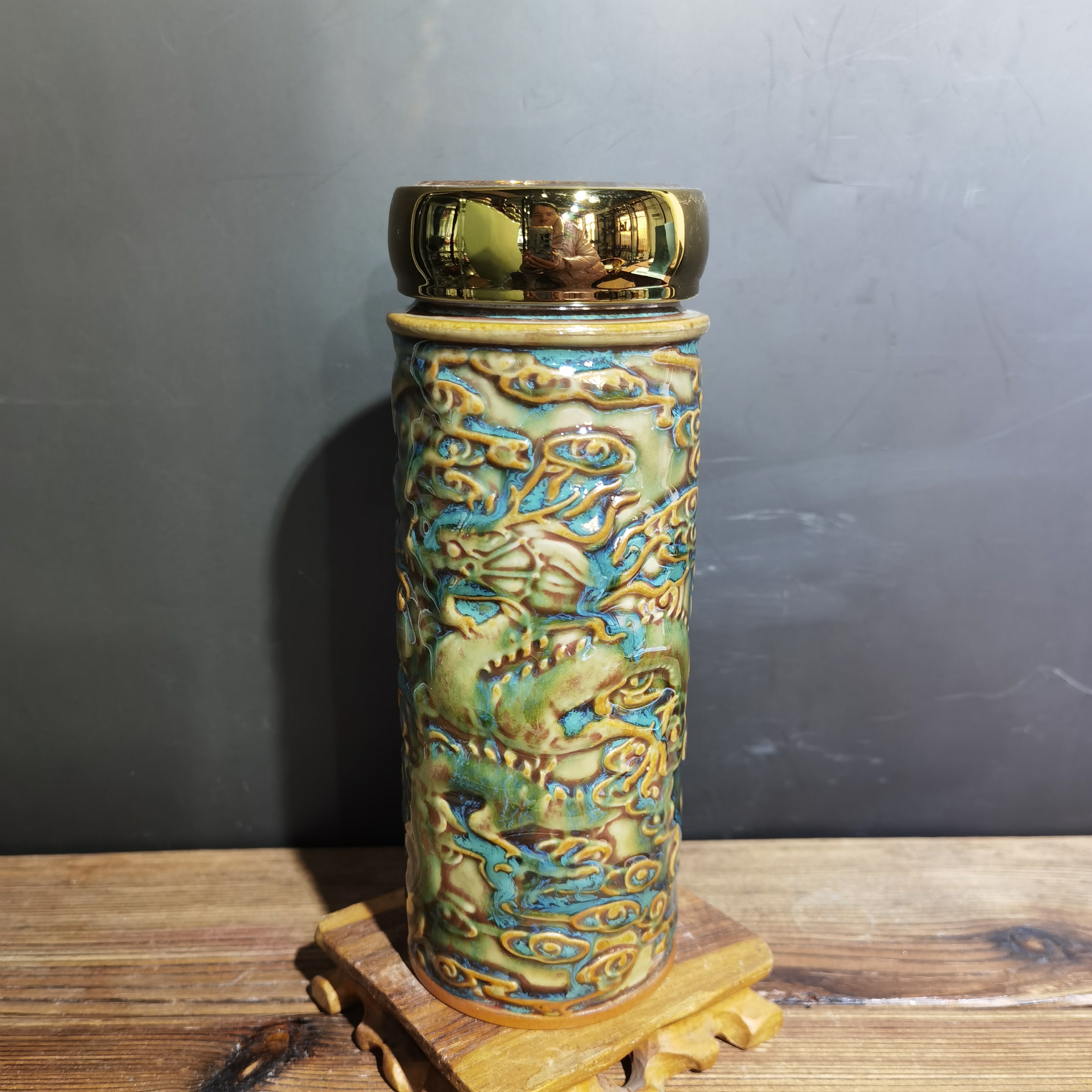 钧瓷窑变原矿釉龙凤杯双层保温杯内胆陶瓷杯男士水杯茶杯送朋友