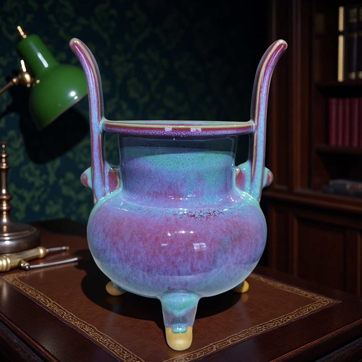 钧瓷三足双耳香炉窑变炉钧釉大号香薰炉供奉室内家用陶瓷檀香炉