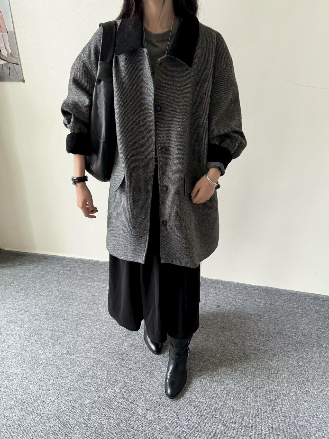 AYW2025秋季新款韩版宽松显瘦百搭毛呢外套女中长款大衣