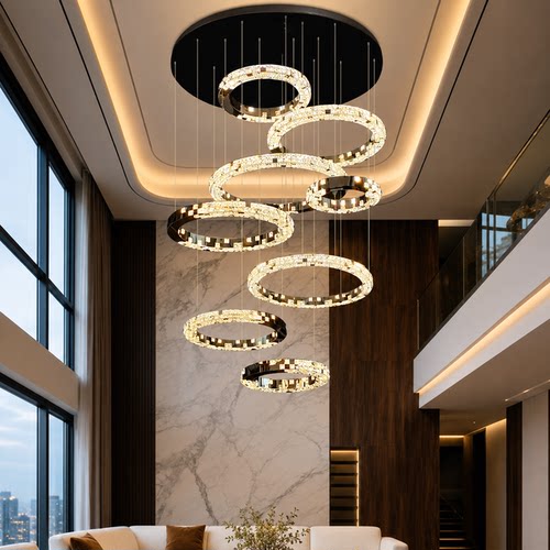 挑空跃层中空大厅客厅水晶主灯意式极简别墅复式楼大吊灯现代轻奢