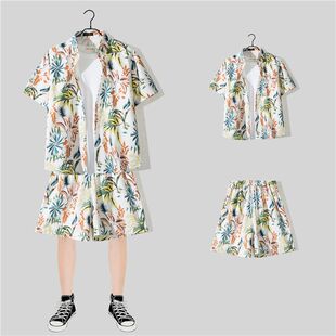 潮流百搭花色沙滩短裤 冰丝套装 衬衫 短袖 情侣搭配两件套 男速干夏季