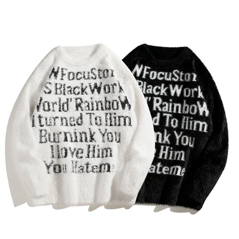 Wowa美式情侣毛衣秋冬款复古马海毛小众慵懒风圆领针织衫男女潮牌